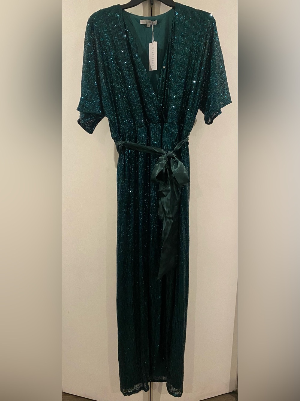 Baltic Born Emerald 💚 Sequin ✨ Faux Wrap Maxi Dress with Satin Tie NWT